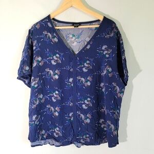 Simply Emma Women Plus Size Blouse 2X Blue Floral V-neck Short Sleeve Casual